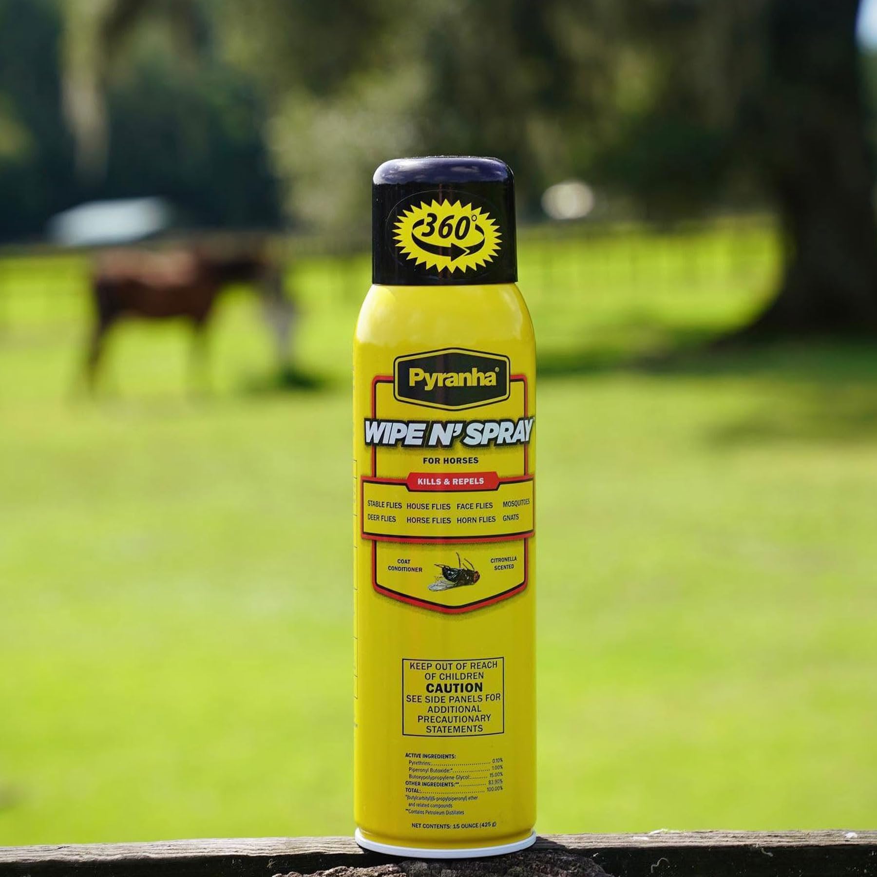 Pyranha Wipe N' Spray applied to a horse during grooming for repellent coverage.