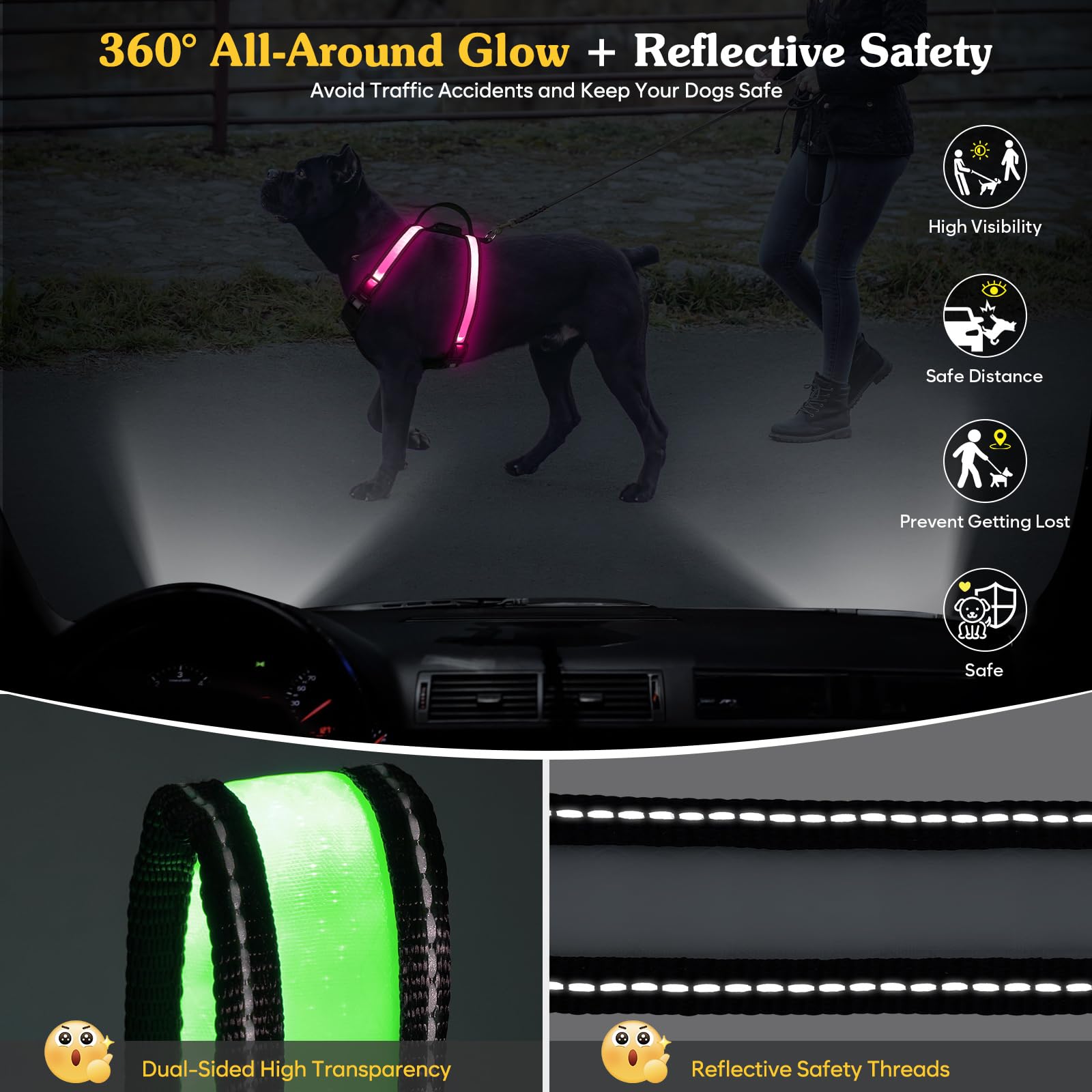 PZRLit rechargeable dog harness battery indicator close-up, ready for evening walks.