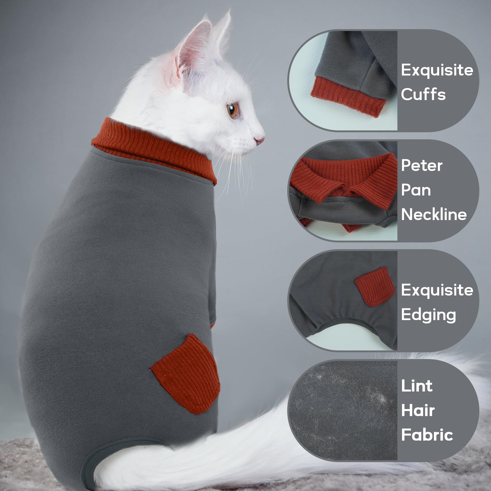 QBLEEV recovery suit on-cat after surgery showing gentle containment