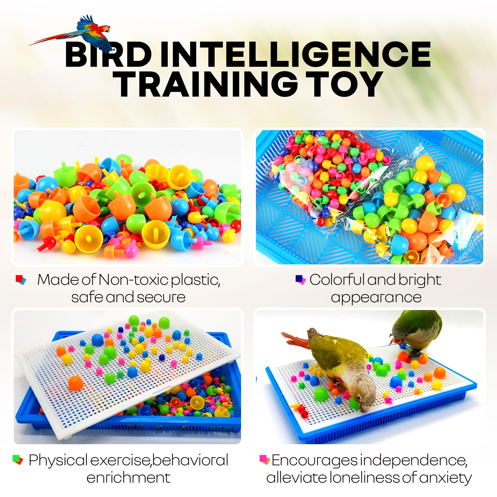 QBLEEV parrot puzzle toy in-cage setup provides safe, contained enrichment