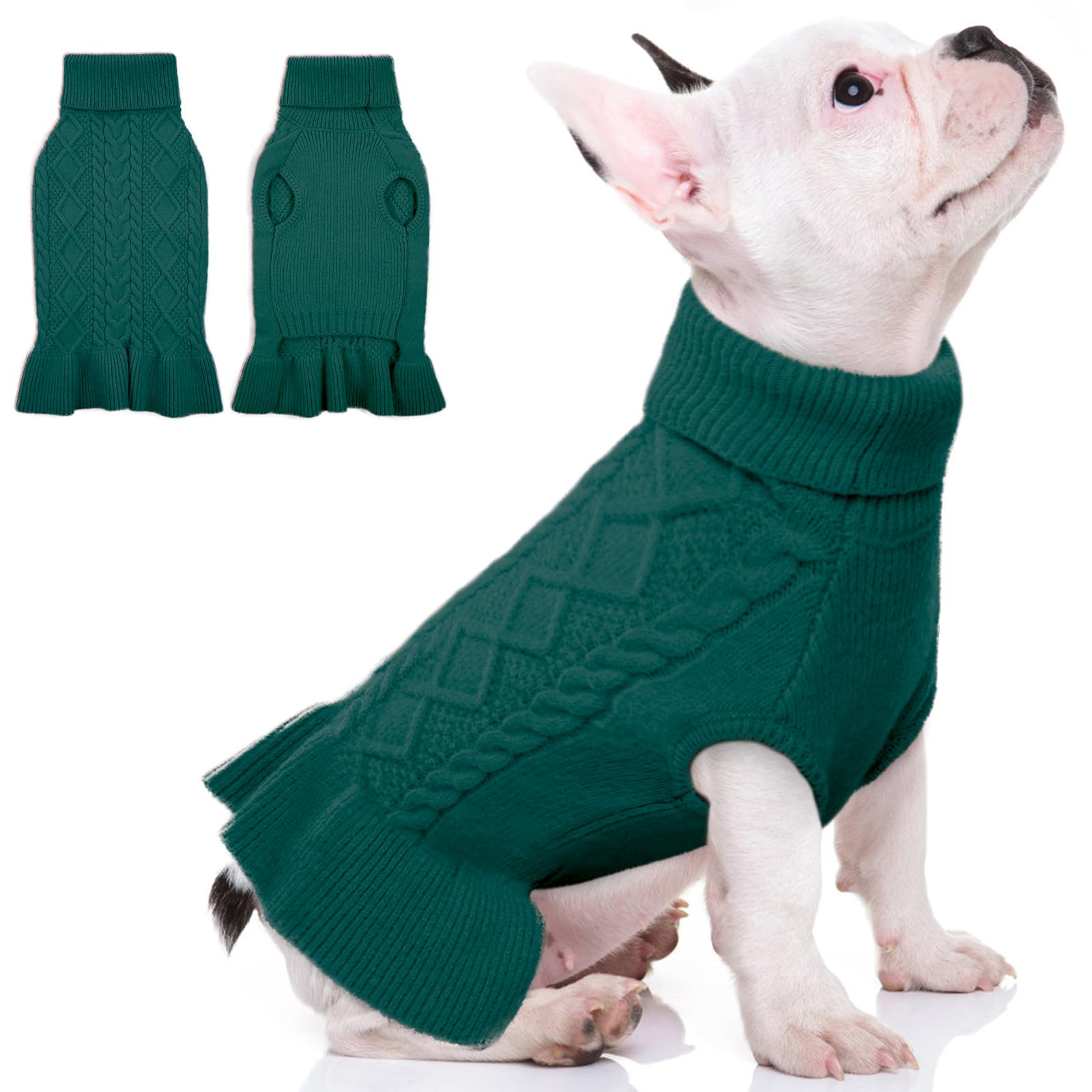 QBLEEV Puppy Sweater green turtleneck on small dog for warmth during outings