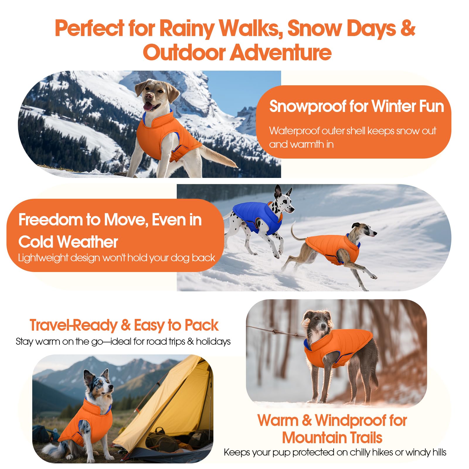 QBLEEV reversible dog jacket orange near packaging highlights travel-ready warmth.