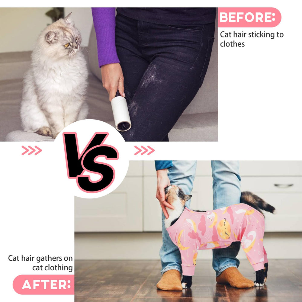 QBLEEV size range XS to 2XL cat pajama fit for various body types and coats.