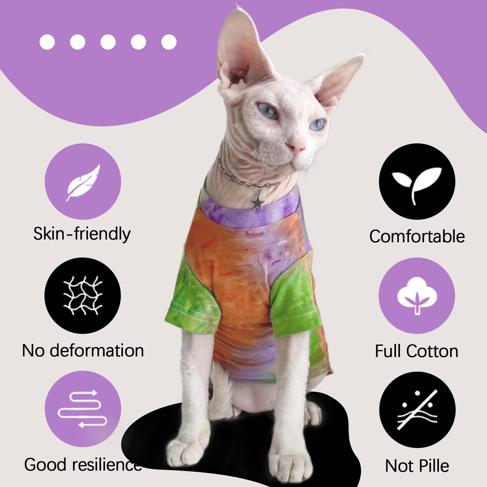 QBLEEV Sphynx shirt on model features rainbow design with summer-friendly airflow.