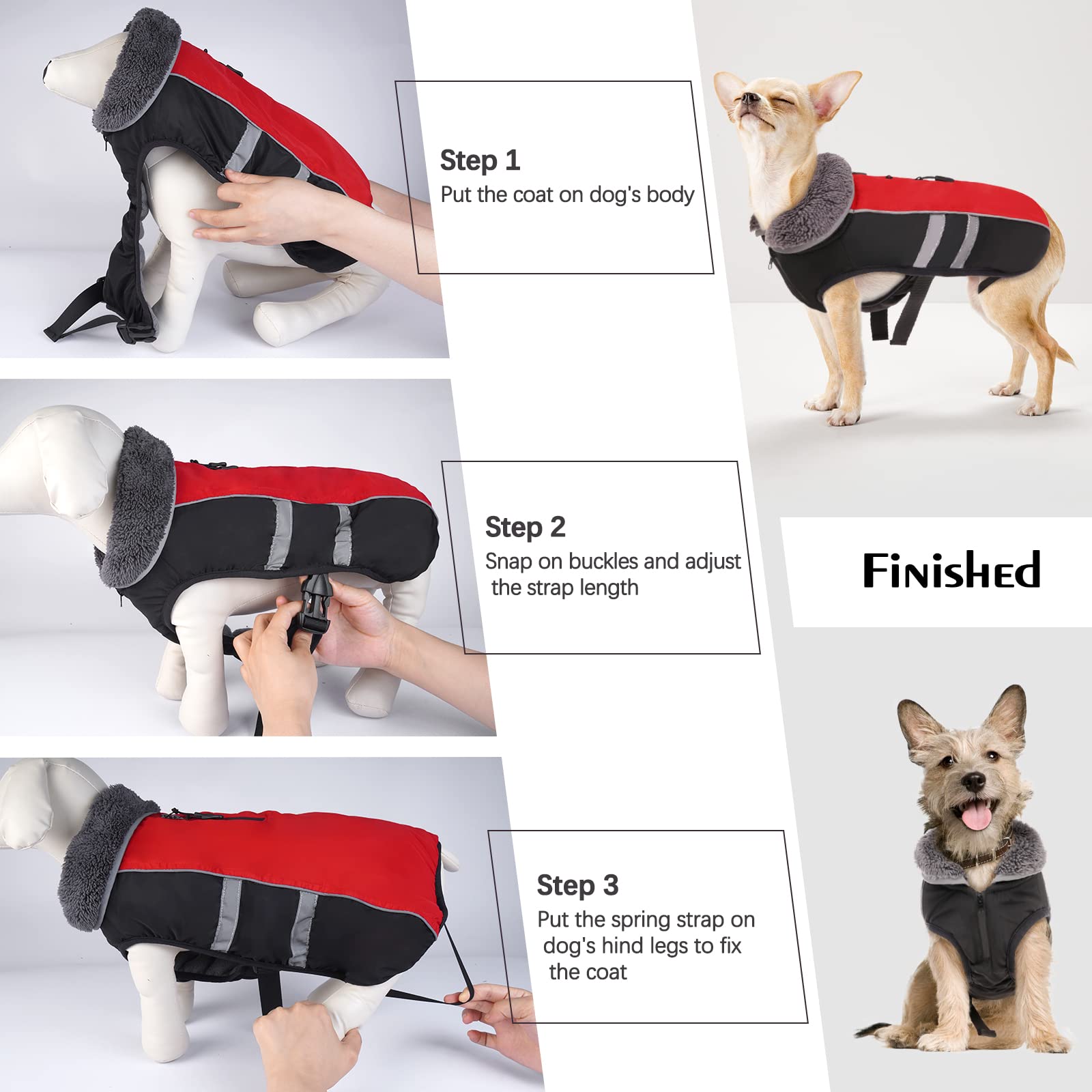QBLEEV dog coat with hidden hind-leg elastic bands for extra warmth and secure fit.