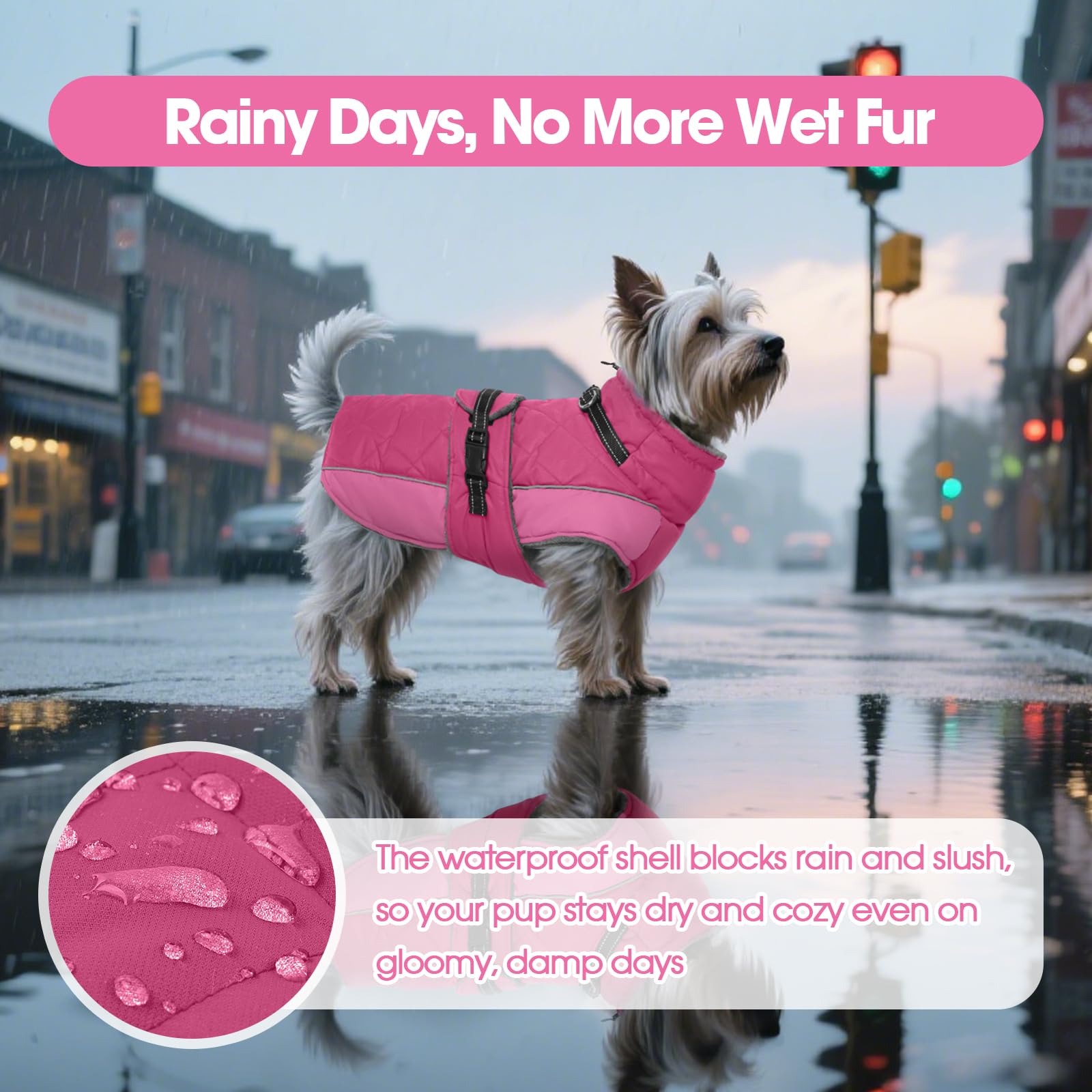 QBLEEV Warm Dog Jacket adjustable back strap for easy on/off and secure fit.