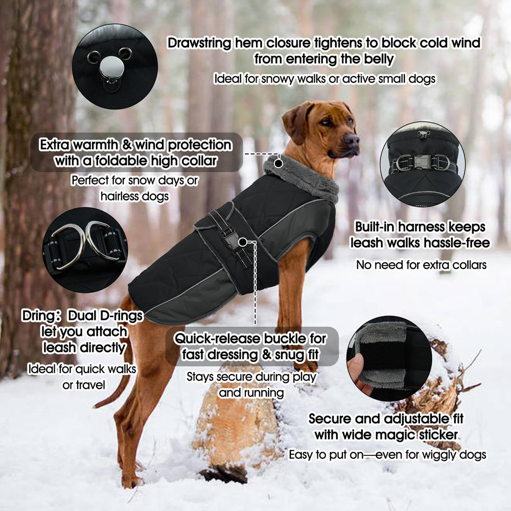 QBLEEV Warm Dog Jacket back view highlighting snug turtleneck warmth for cold days