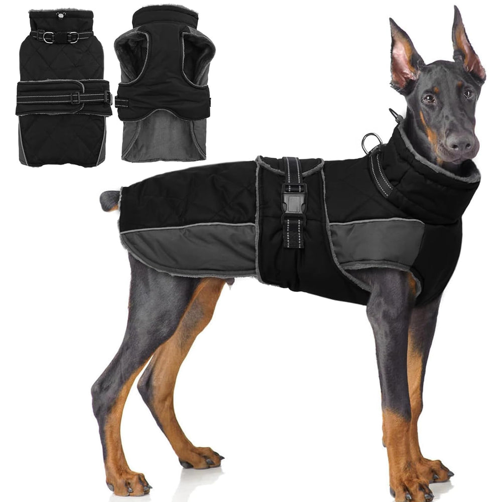 QBLEEV Warm Dog Jacket front view showing waterproof shell and cozy fleece interior for warmth
