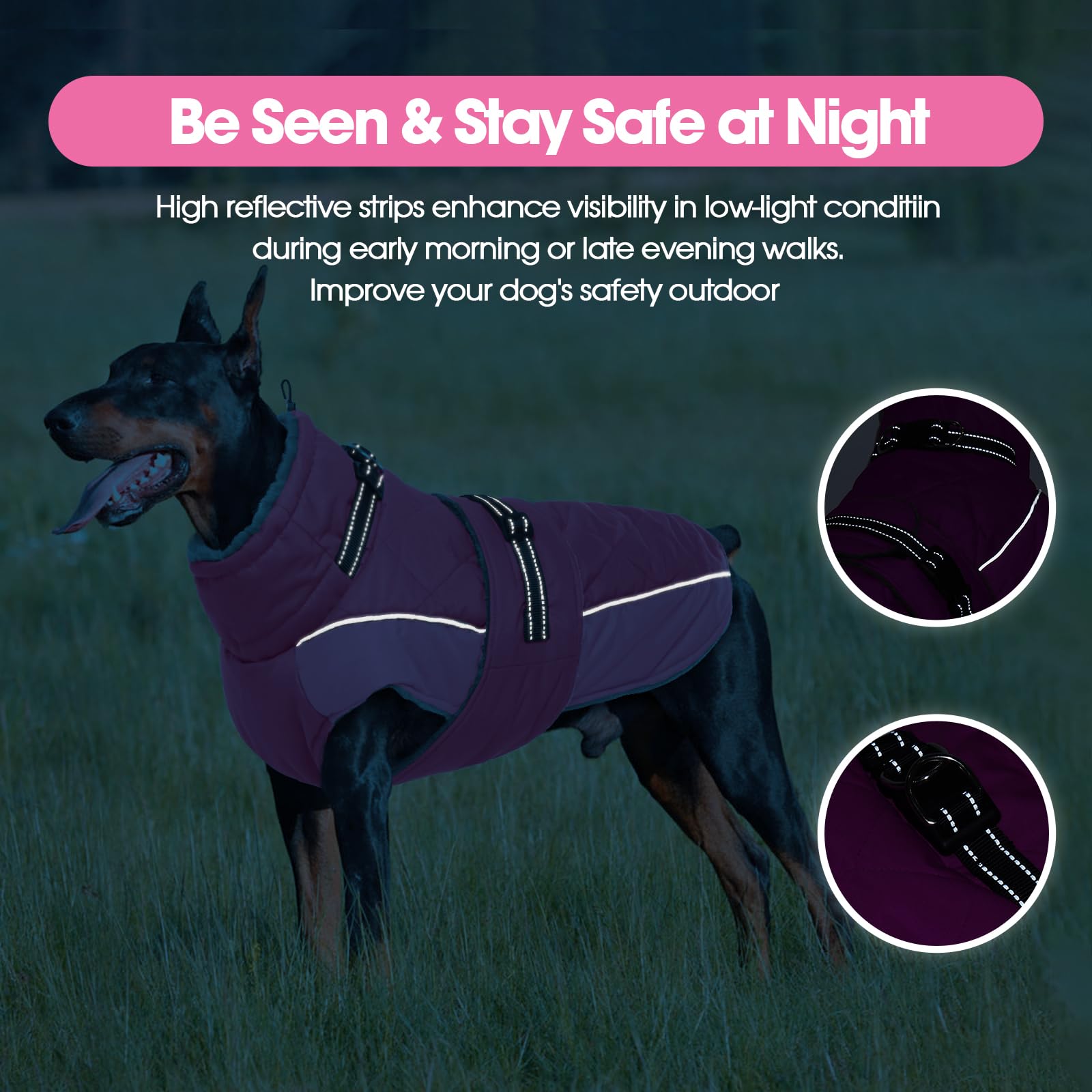QBLEEV Warm Dog Jacket hidden hind-leg elastics keeping warmth in during wear.