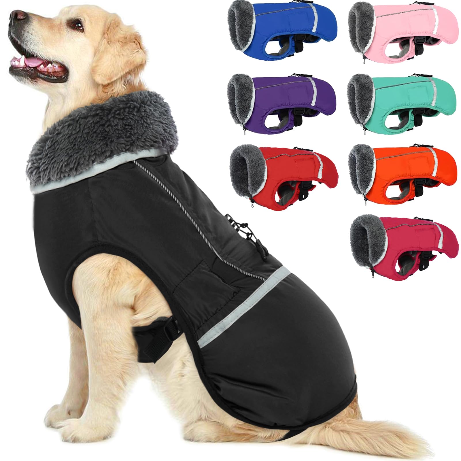 QBLEEV warm reflective dog jacket front view with windproof shell.