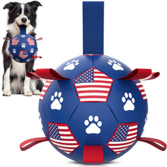 QDAN dog soccer ball with straps ready for outdoor fetch and play.