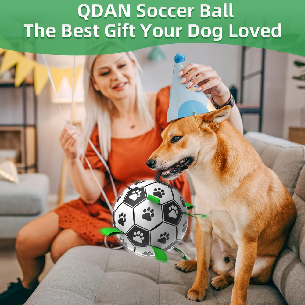 QDAN Dog Soccer Ball nylon tabs bounce highlights unpredictable chases.