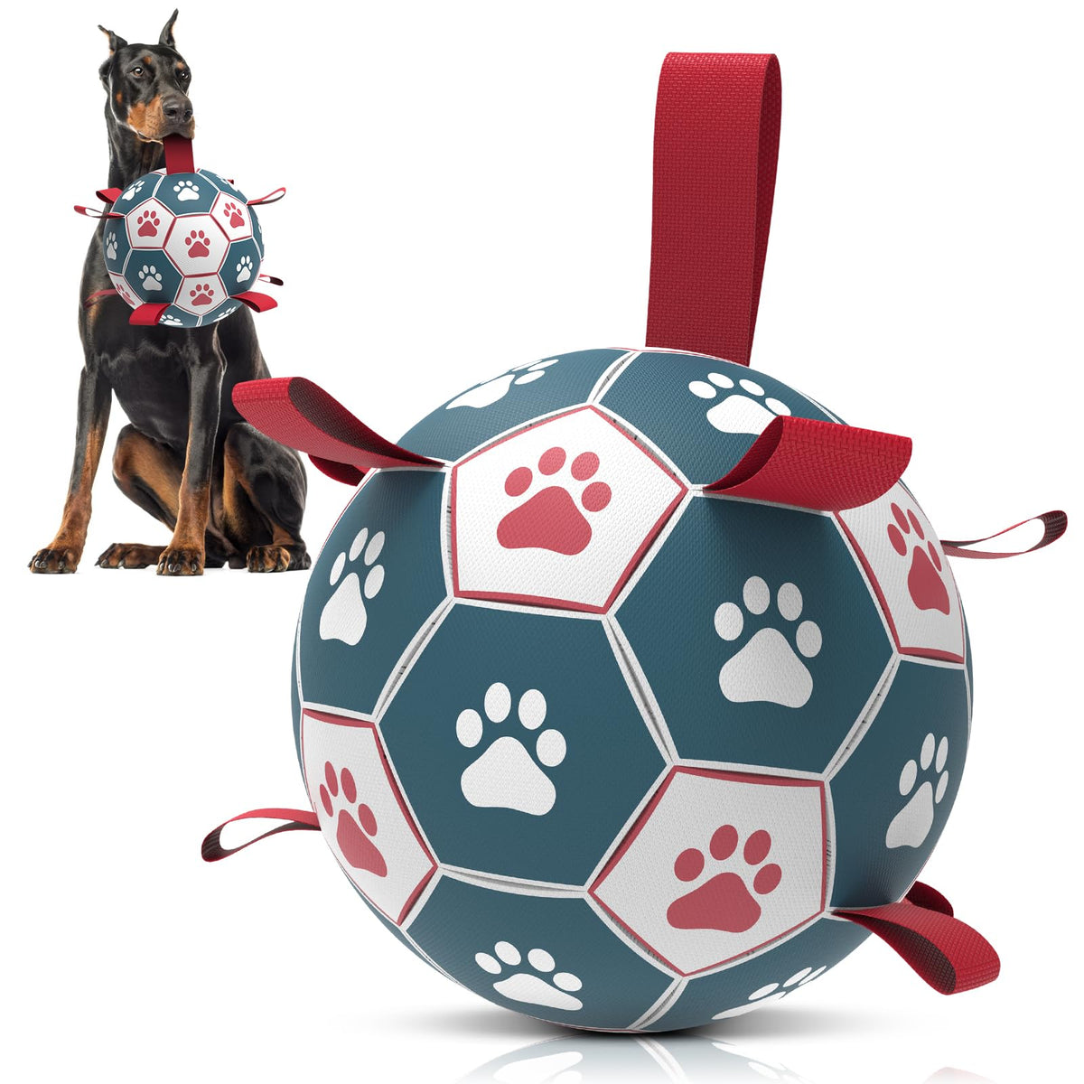 QDAN dog soccer ball with straps for easy fetch and tug play.