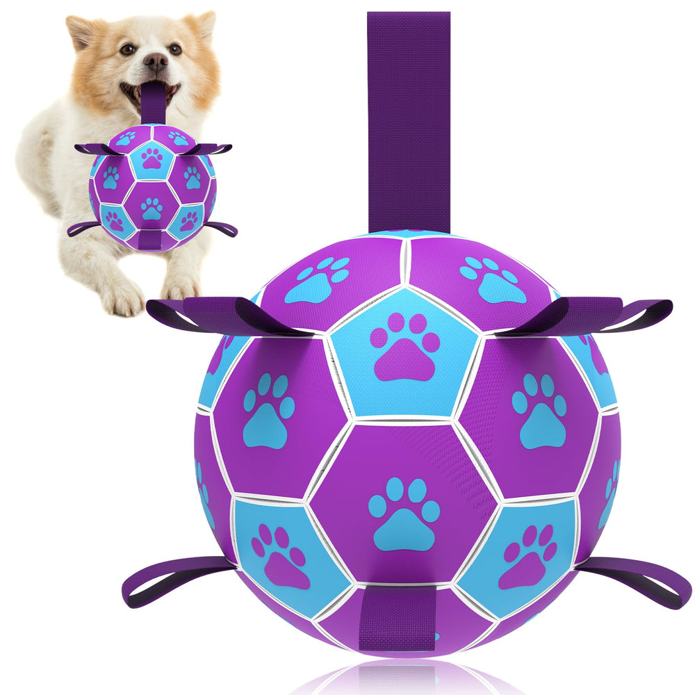 QDAN dog soccer ball with straps shown for fetch and tug games