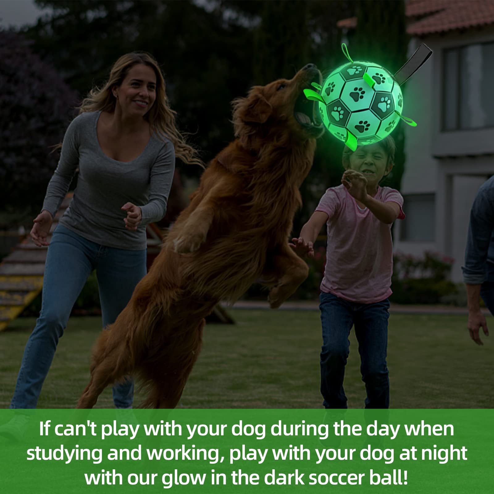 qdan glow dog ball with nylon straps for erratic bounce and grip