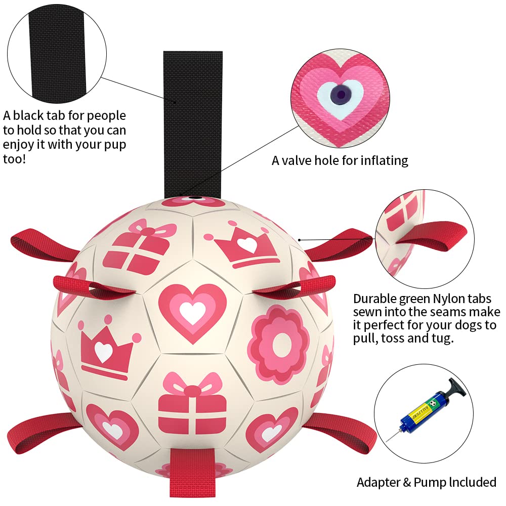 QDAN pink dog toy includes pump and needle adapter for inflation.