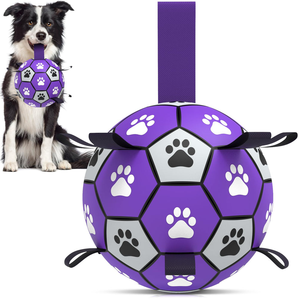 QDAN dog soccer ball with straps side view for durable fetch outdoors.