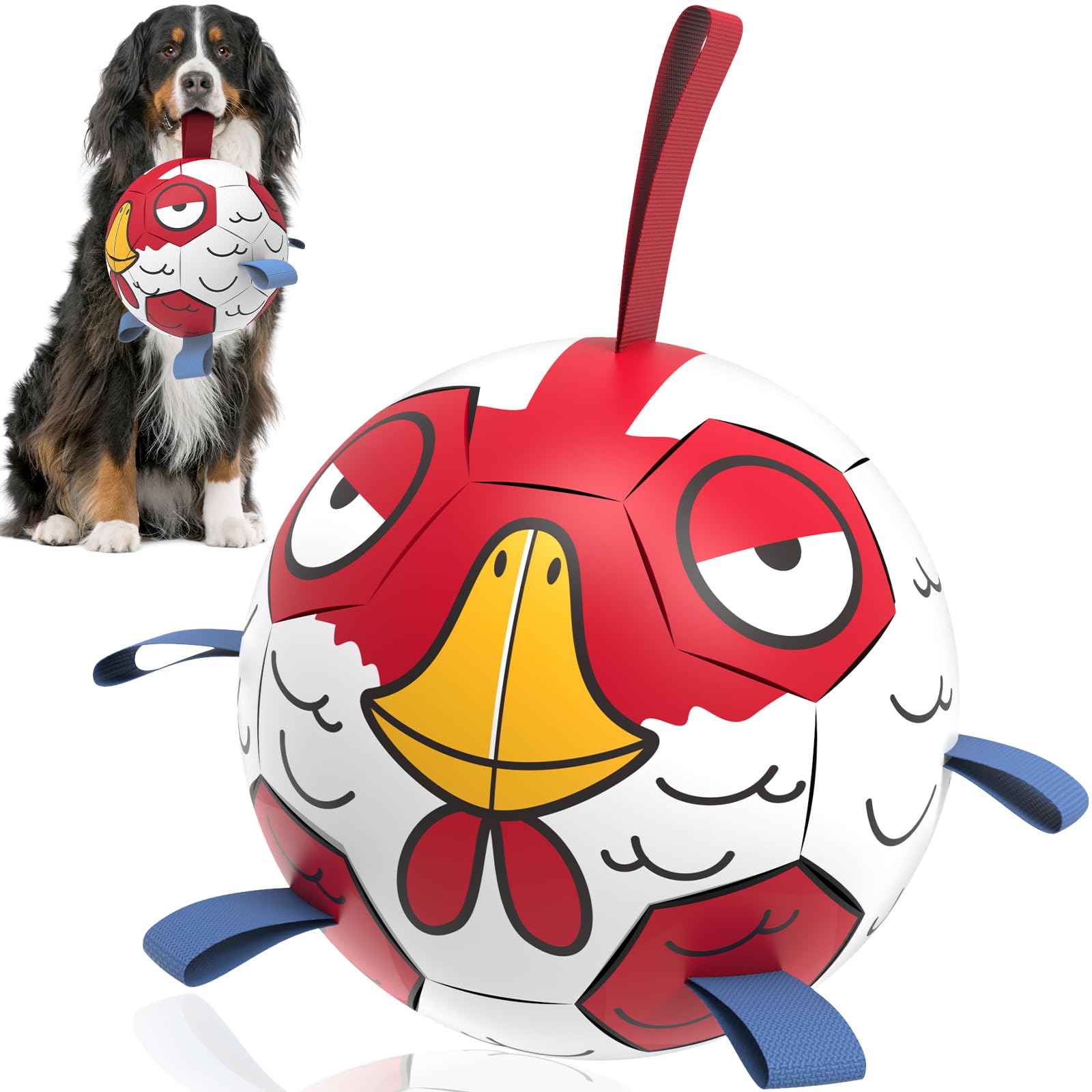 QDAN dog soccer ball with straps in action for fetch and bounce.