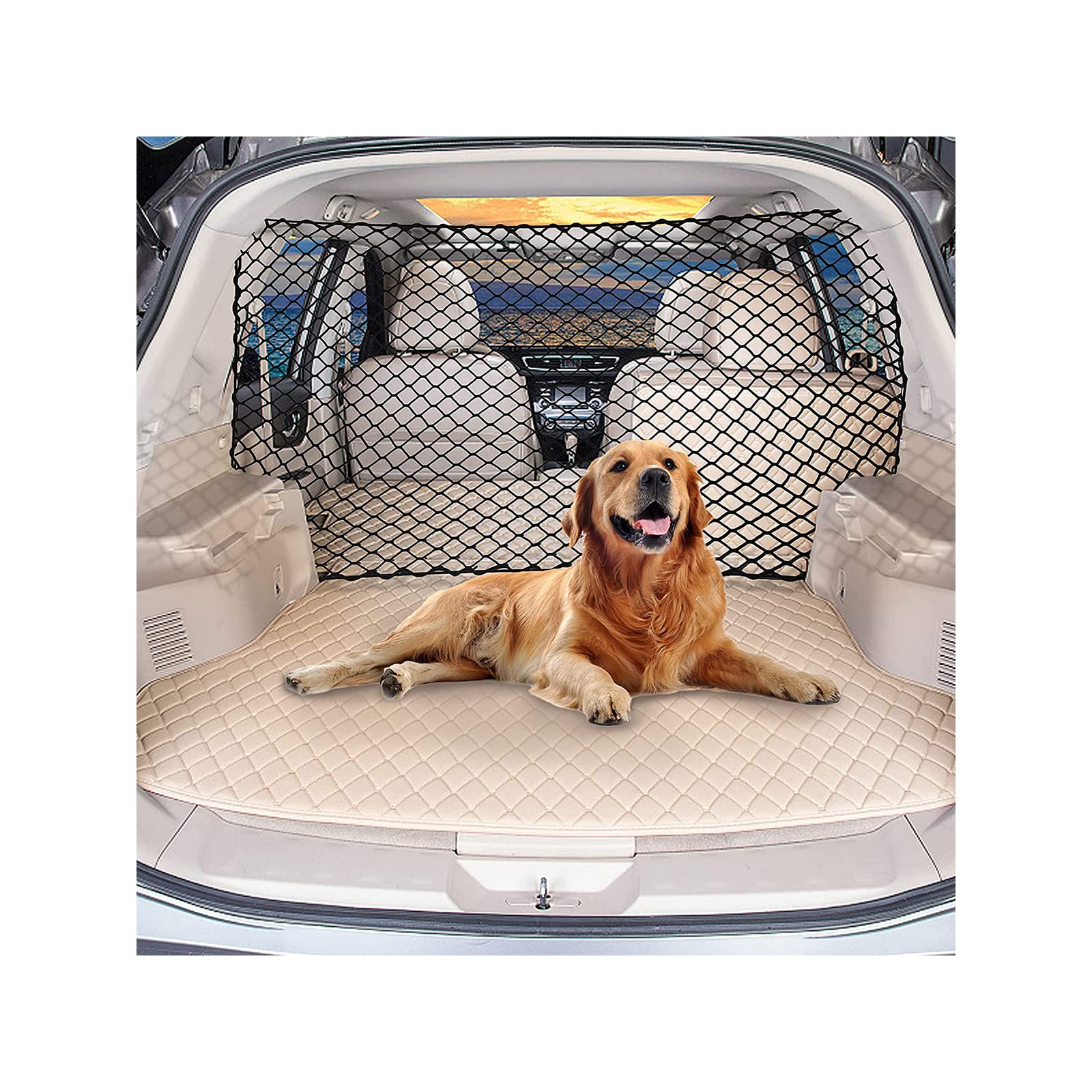 Q-DDOIT car dog net barrier 47-inch demonstrates universal fit for secure pet travel.