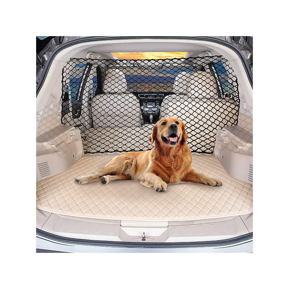Q-DDOIT car dog net barrier 47-inch demonstrates universal fit for secure pet travel.