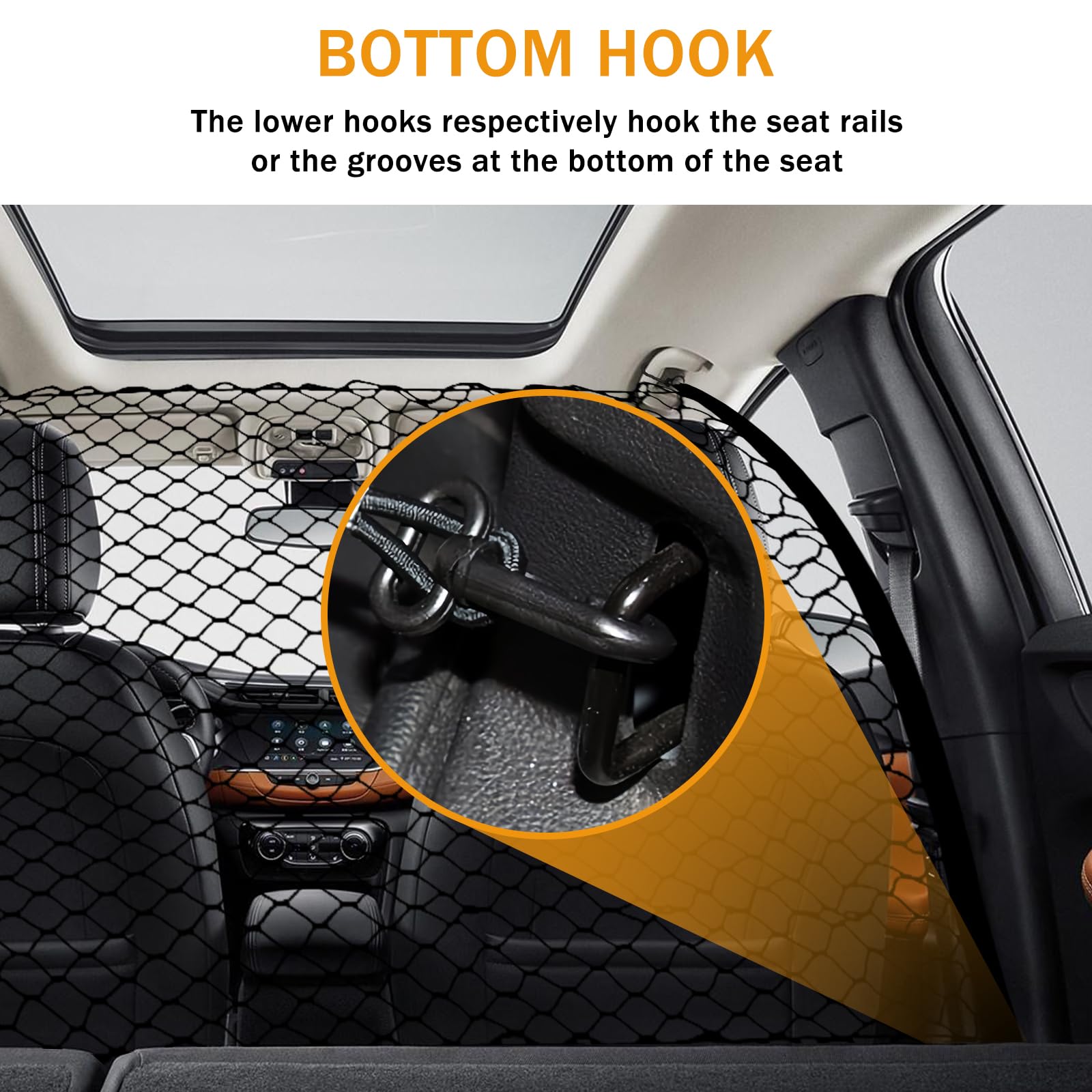 Q-DDOIT dog barrier safety-hooks securely attach the net to car anchors.
