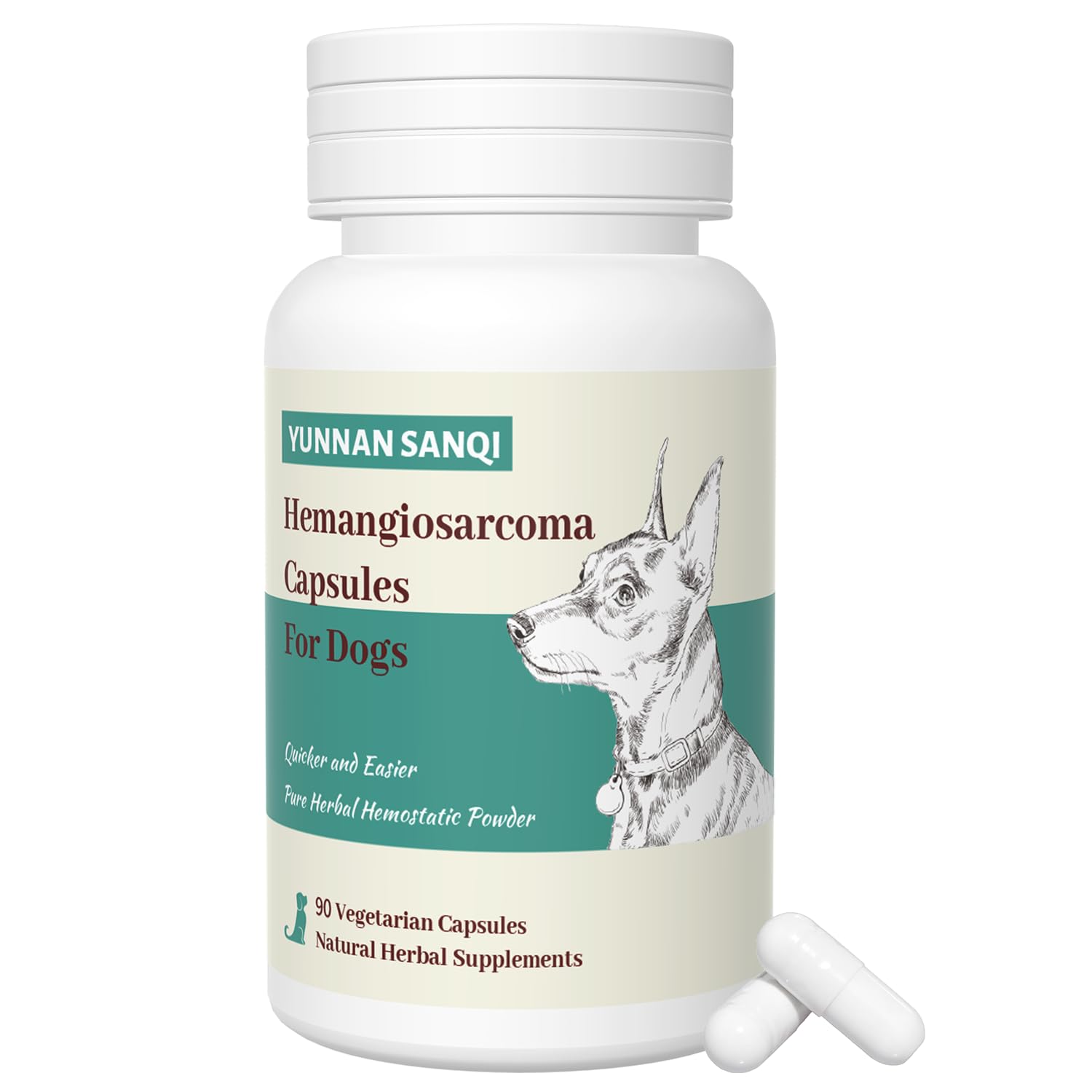 Qdewomax Yunan Sanqi capsules bottle for dogs indicating easy dosing and usage