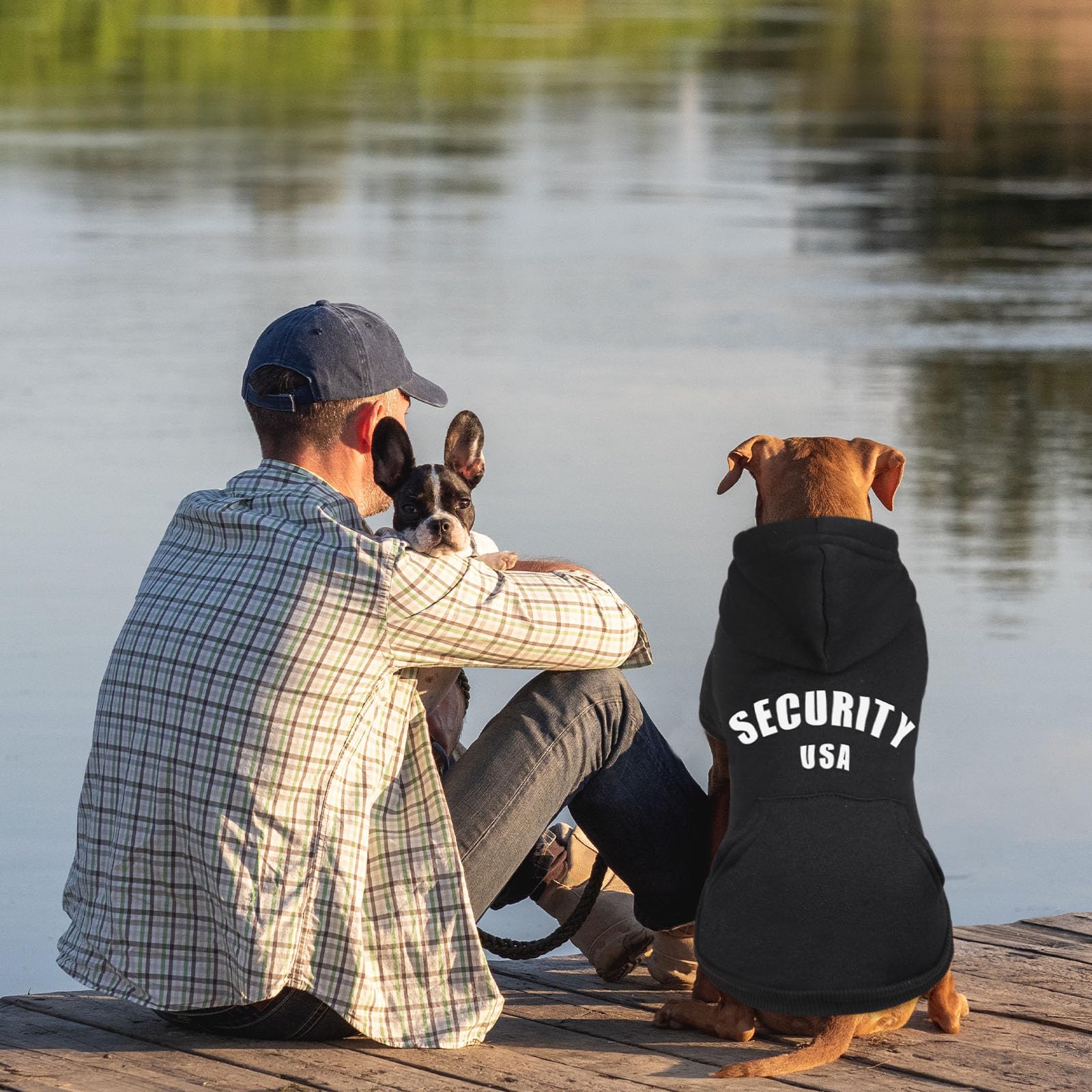 QDYU dog hoodie back view shows bold SECURITY print for style and safety.