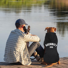QDYU dog hoodie back view shows bold SECURITY print for style and safety.
