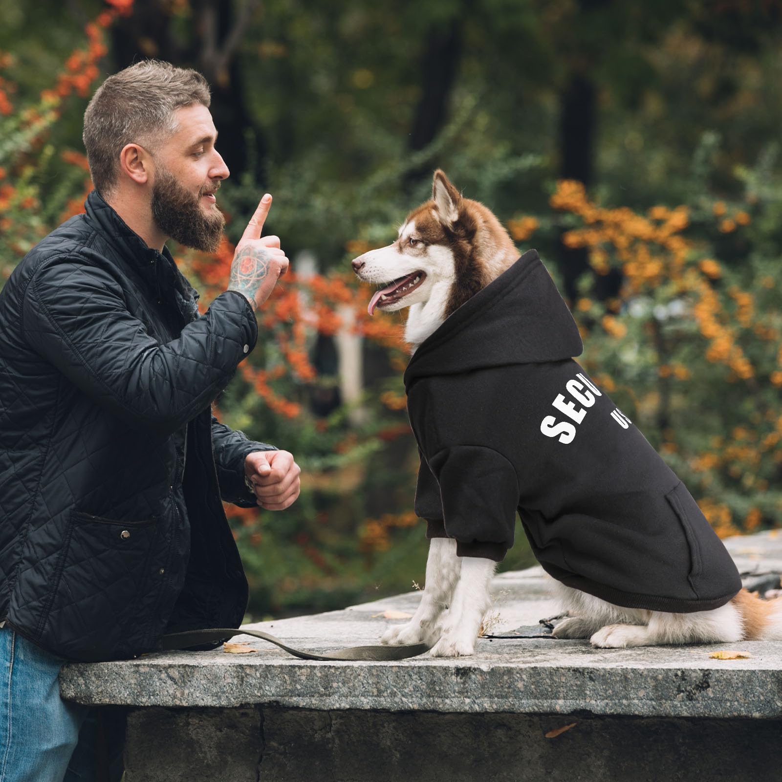 QDYU dog hoodie worn on a walk demonstrates warmth during chilly strolls.