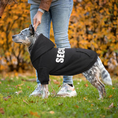 QDYU large dog sweater security hoodie back view with bold print.