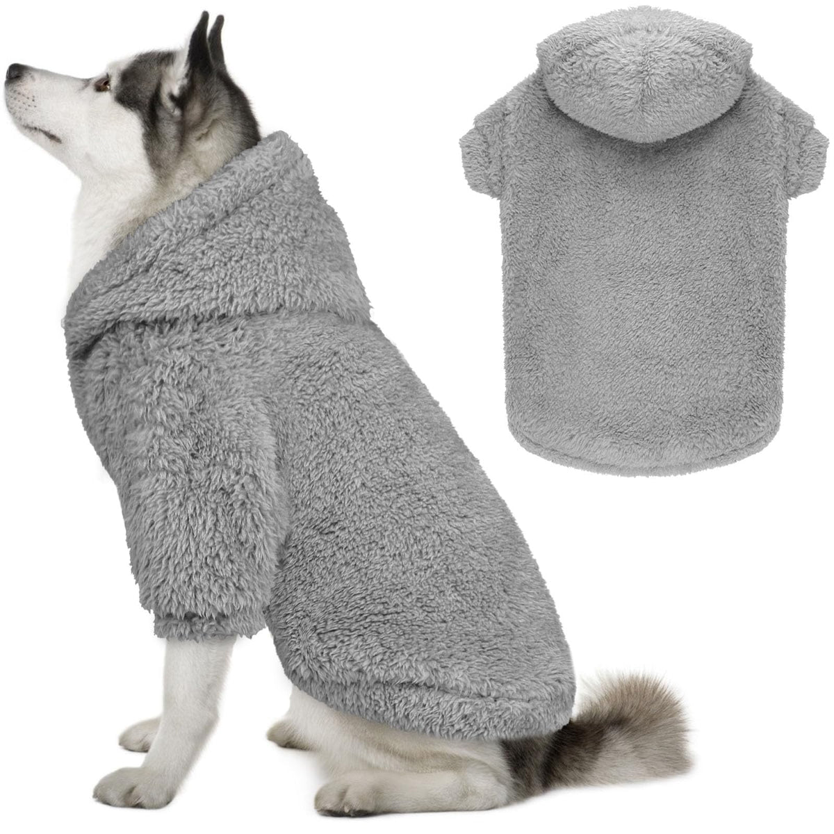 QDYU fuzzy dog hoodie front view in grey XL for warm, snug walks