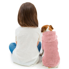 QDYU fuzzy dog hoodie pink, back view, cozy interior and fit.