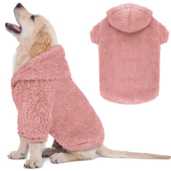 QDYU fuzzy dog hoodie pink, front view, plush warmth and stretch.