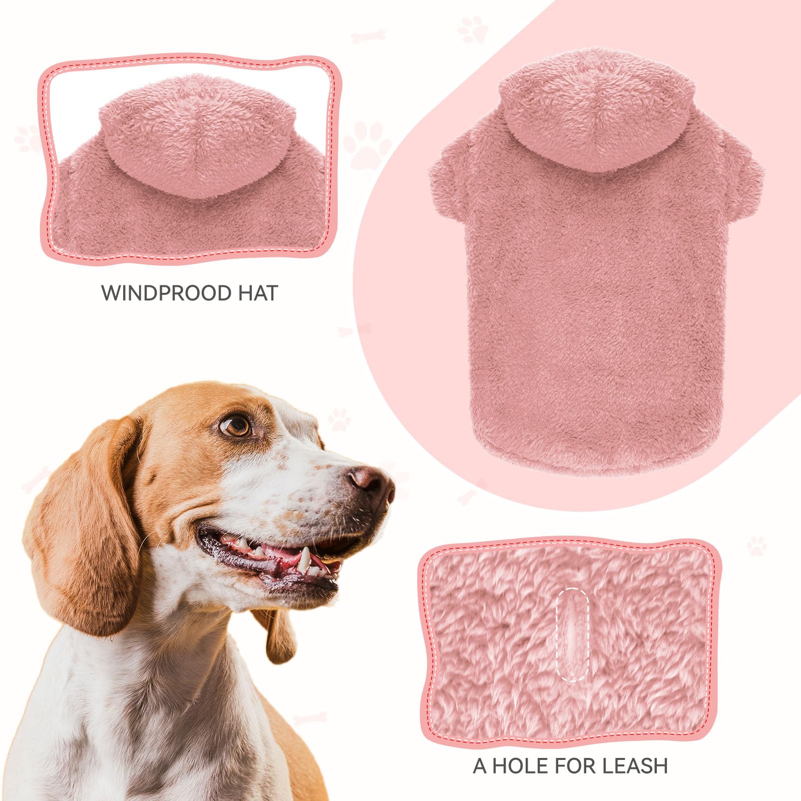 QDYU fuzzy dog hoodie pink on small dog, warms during walks.