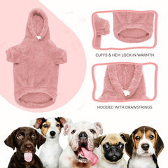 QDYU fuzzy dog hoodie pink, side view, flexible fabric for active dogs.