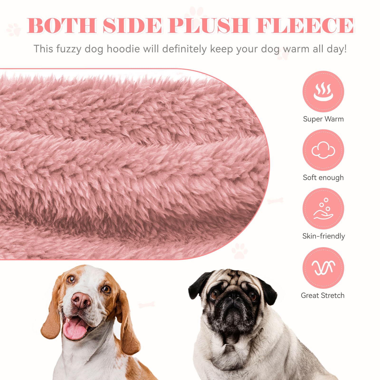 QDYU fuzzy dog hoodie pink, size chart view showing options.