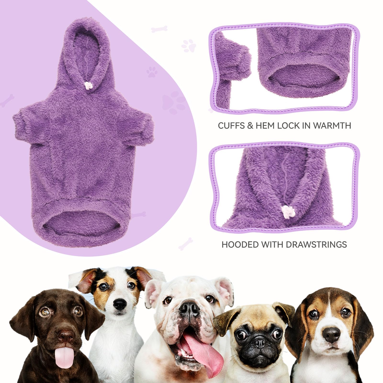 QDYU fuzzy dog hoodie back view emphasizes snug fit across the chest and back.