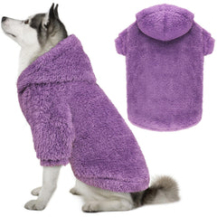 QDYU fuzzy dog hoodie front view showcases double-sided plush fleece for cozy warmth and mobility.