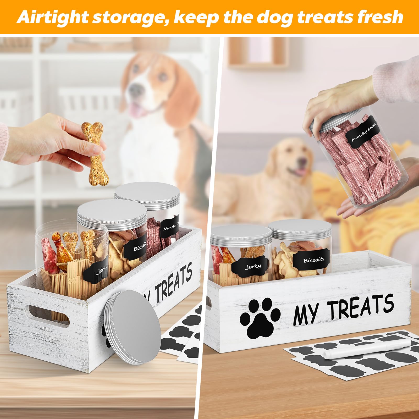 Qeerable countertop storage arrangement demonstrates space-saving organization for pet snacks.