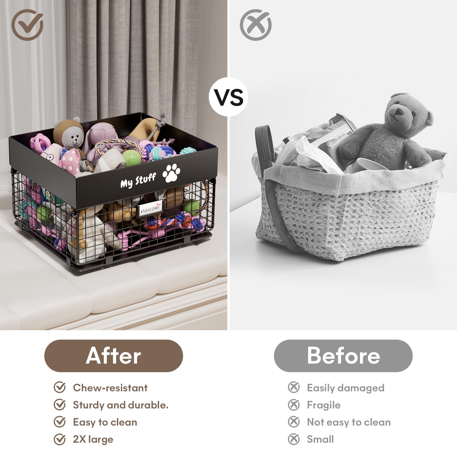Qeerable dog toy basket label personalization highlights a customizable name tag for a charming touch