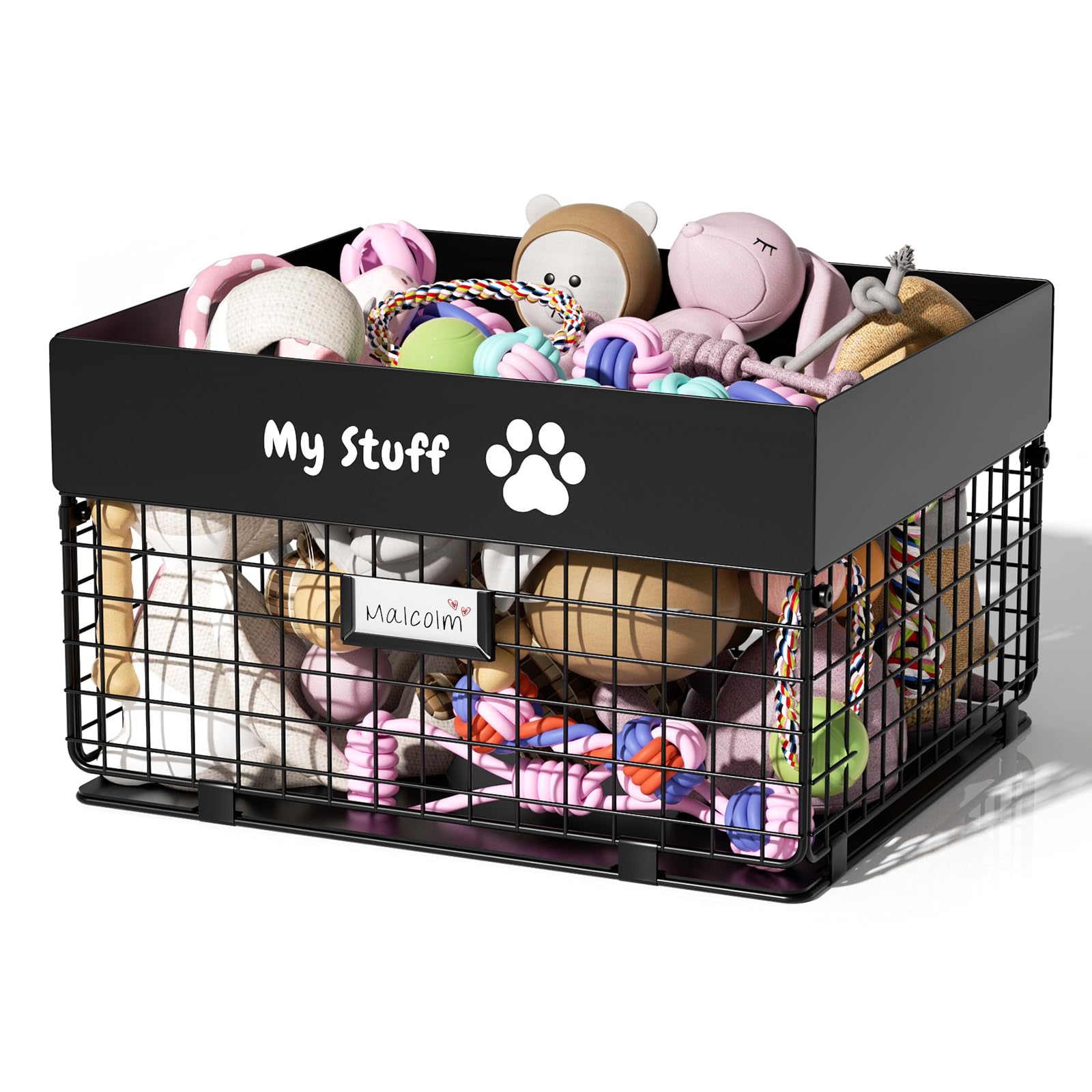 Qeerable dog toy basket front view showing spacious metal storage for toys with easy access