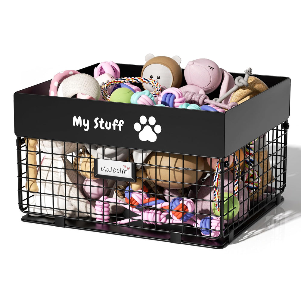 Qeerable dog toy basket front view showing spacious metal storage for toys with easy access