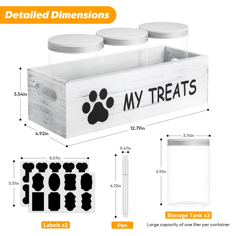 Qeerable dog treat container includes a pen to assist clear labeling and updates.