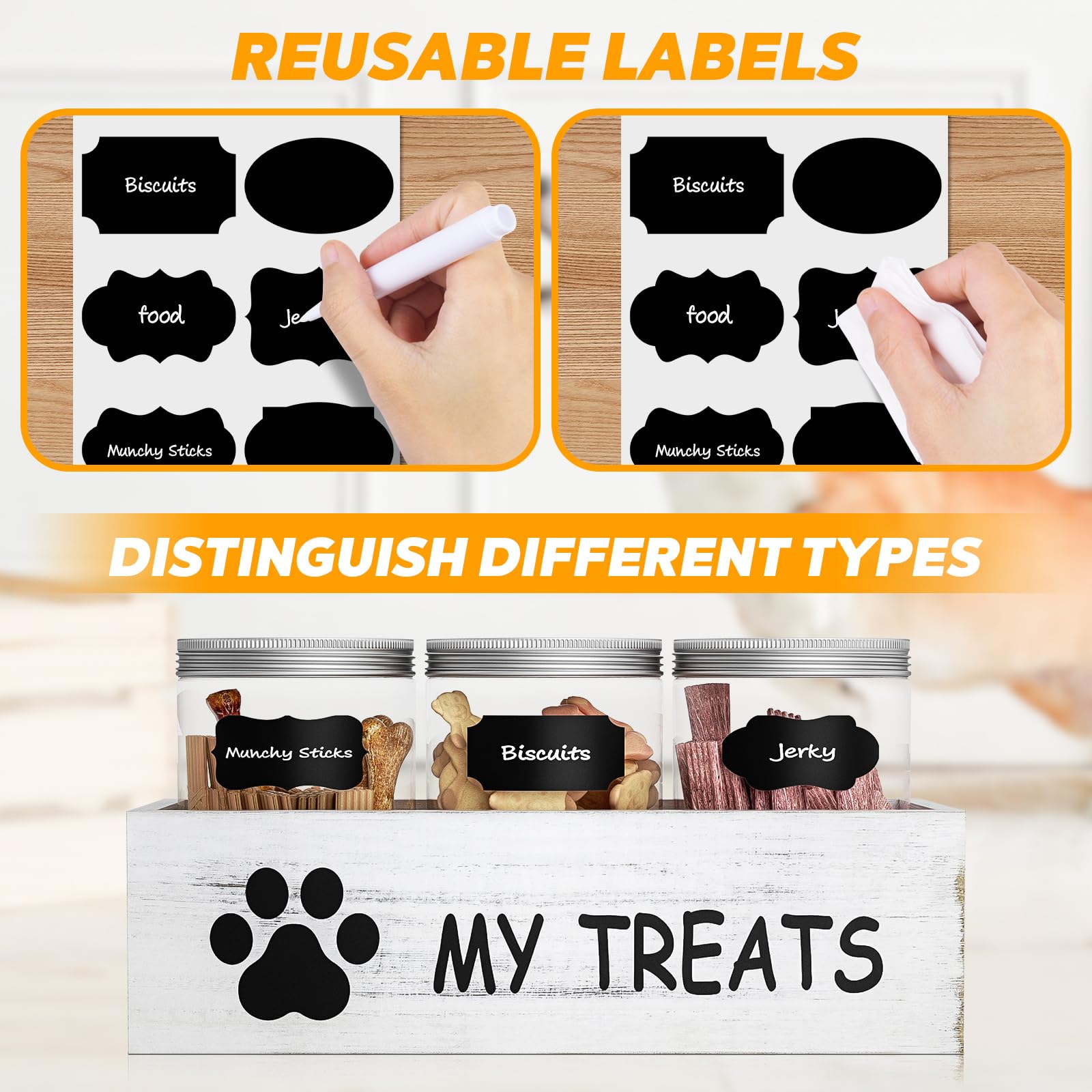 Qeerable dog treat container label stickers enable quick categorization by treat type or pet.