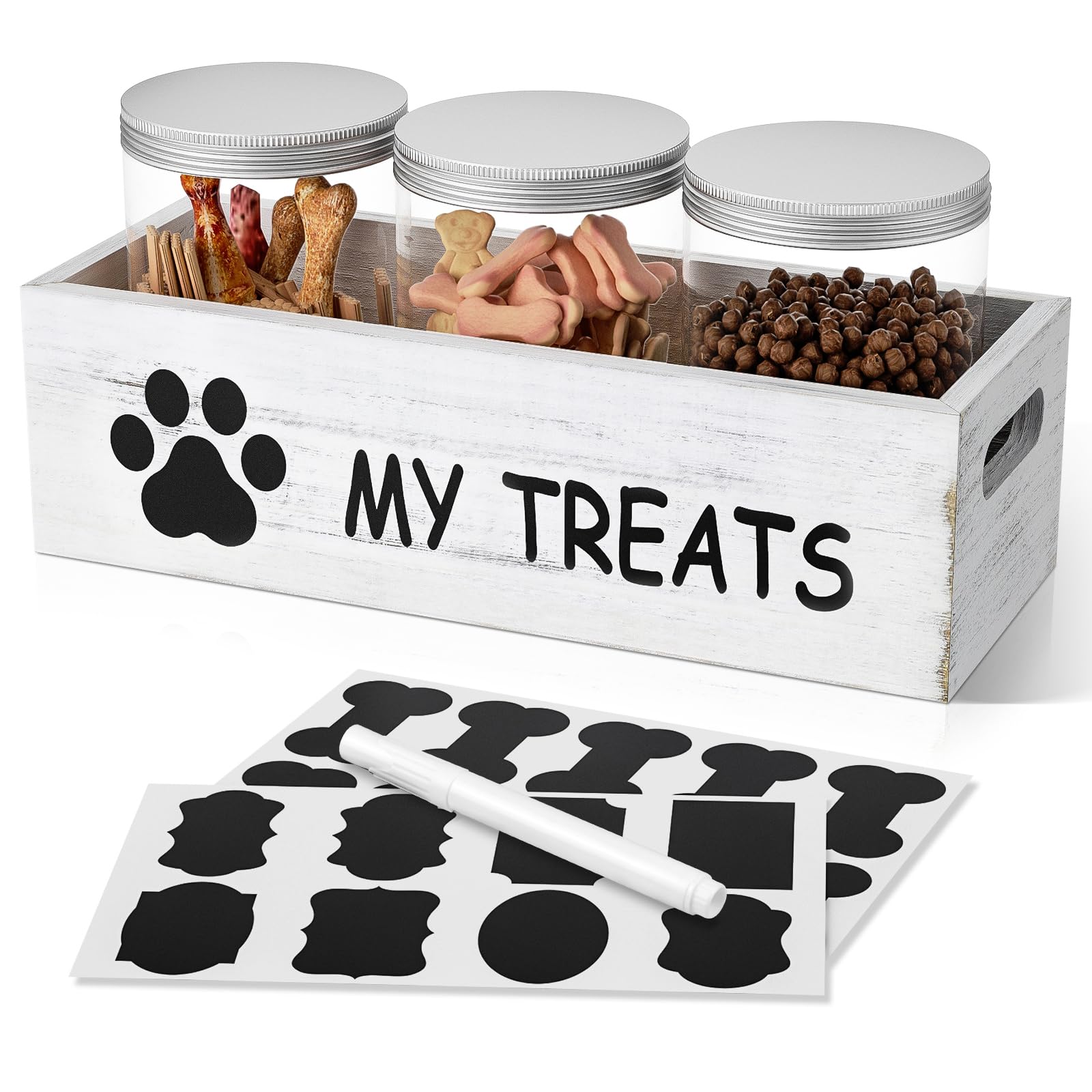 Qeerable dog treat container with three jars on a countertop keeps treats fresh and organized.
