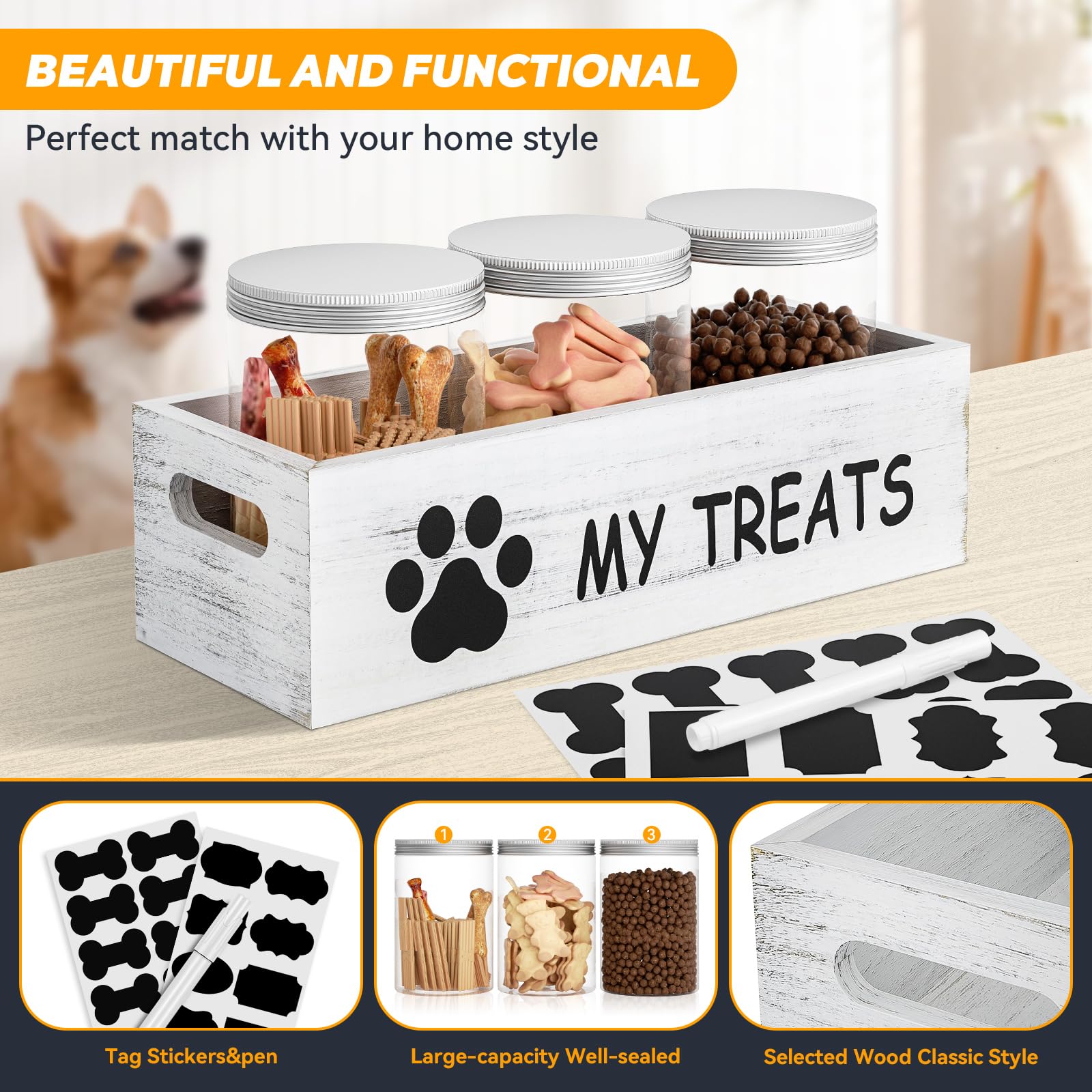 Qeerable dog treat container features wood-plastic design blending with modern kitchen decor.