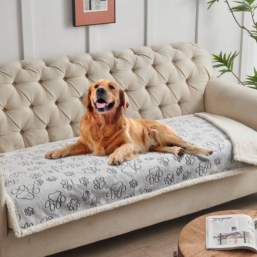 Qeils waterproof large-dog blanket with grey paw print protects furniture.