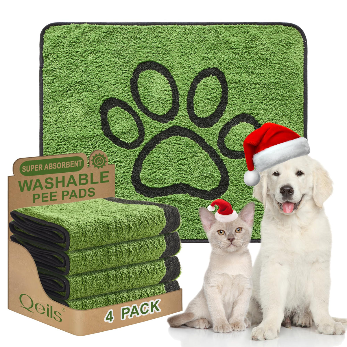 Qeils reusable dog pee pads four-pack front view for convenient potty training on demand.