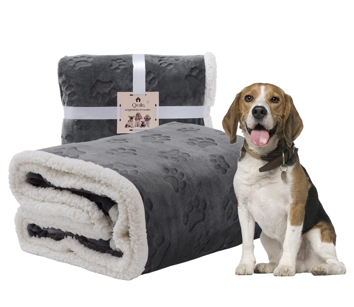 Qeils waterproof blanket with paw-print flannel top for cozy pet lounging