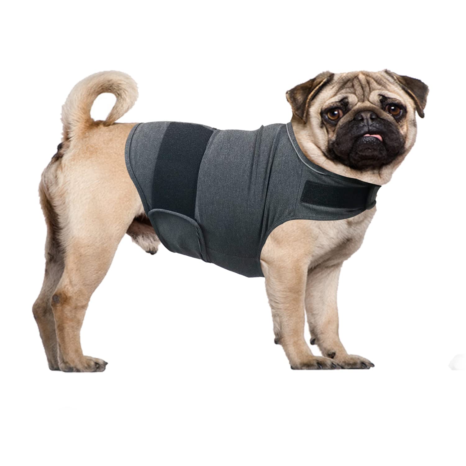QIYADIN dog anxiety-relief shirt front view showing snug fit for calming during storms.